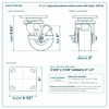 4 x 2 in gray polyurethane swivel caster with brake reference drawing, side, front and top plate views with dimensions