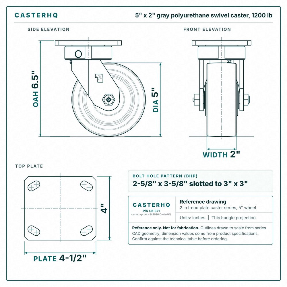 5 x 2 in gray polyurethane swivel caster reference drawing, side, front and top plate views with dimensions