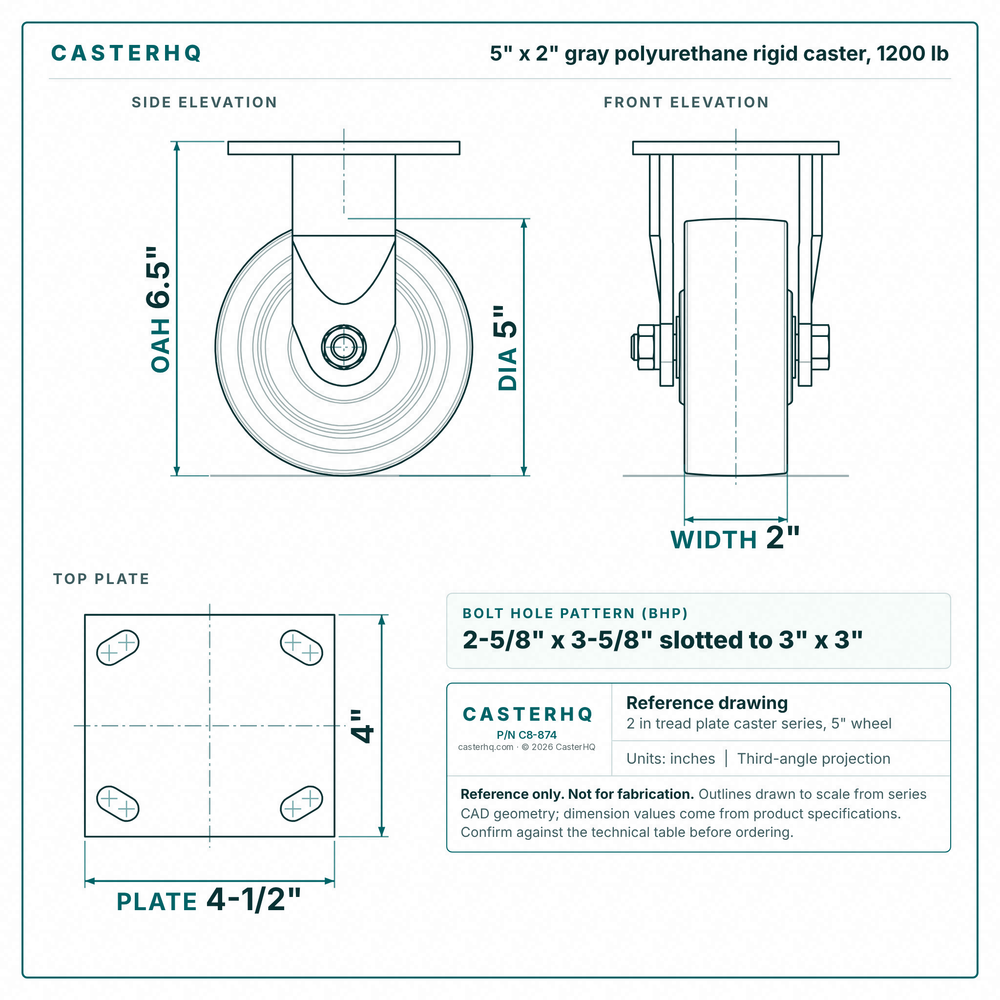 5 x 2 in gray polyurethane rigid caster reference drawing, side, front and top plate views with dimensions