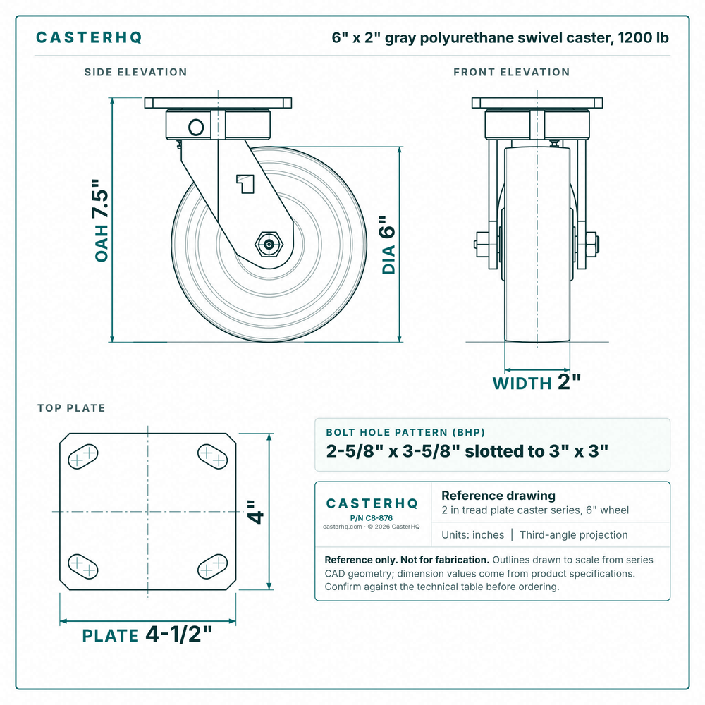 6 x 2 in gray polyurethane swivel caster reference drawing, side, front and top plate views with dimensions