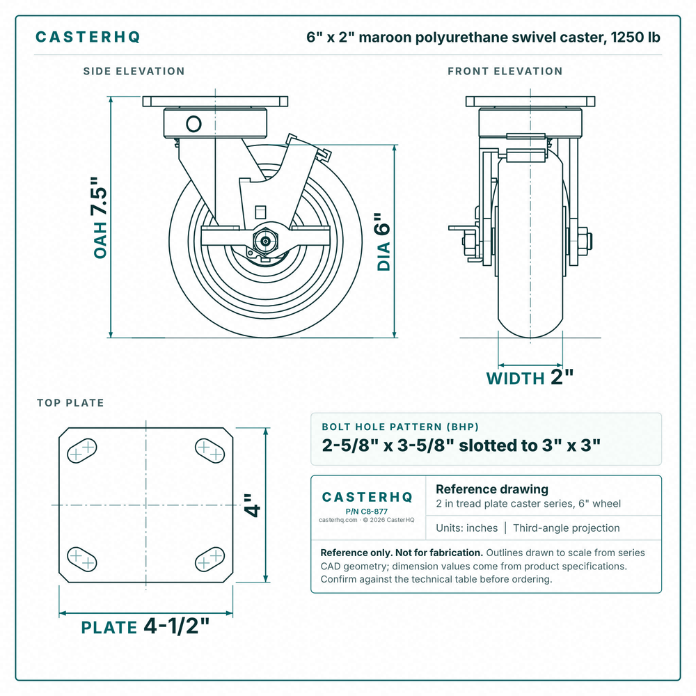 6 x 2 in maroon polyurethane swivel caster reference drawing, side, front and top plate views with dimensions
