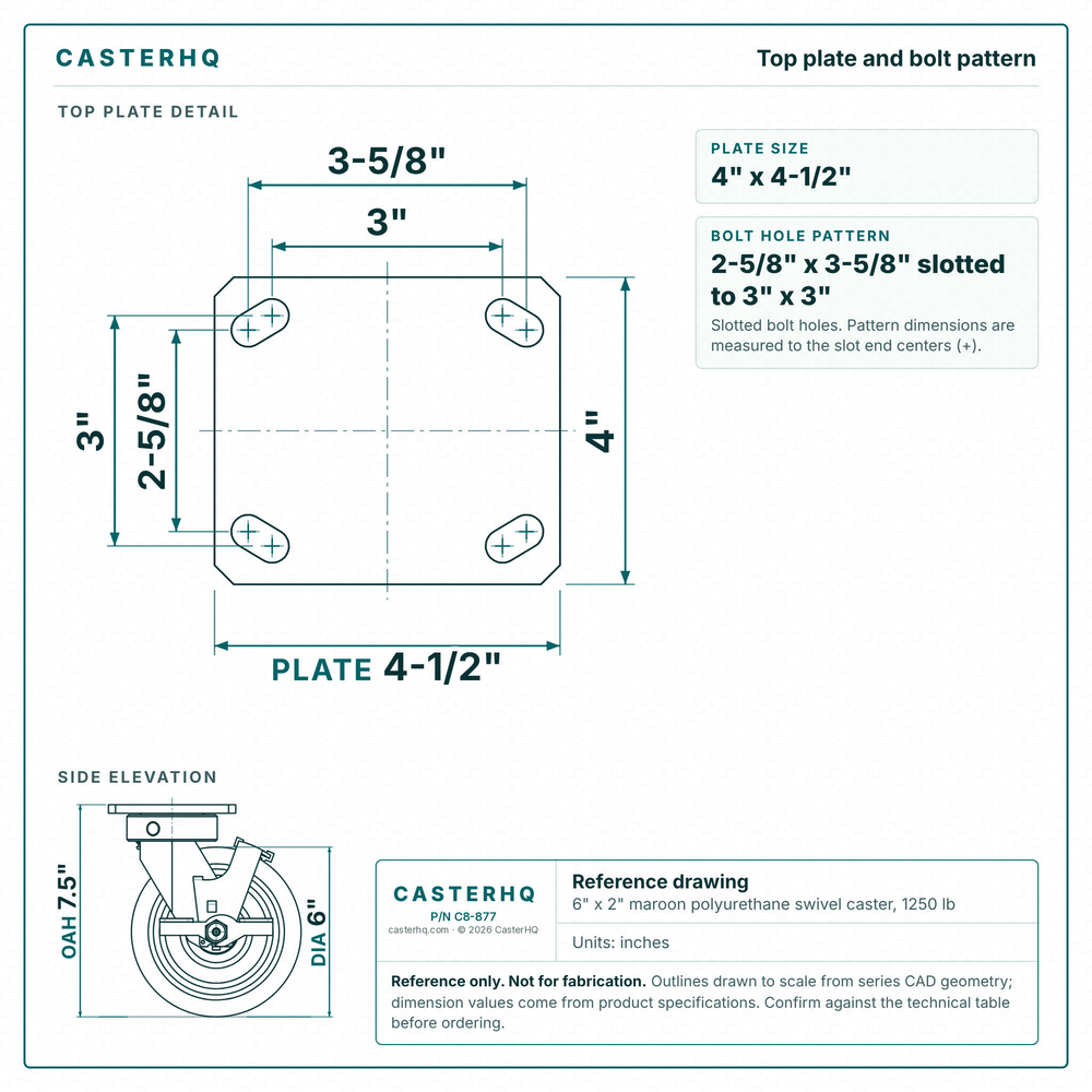 Top plate bolt pattern drawing, ["4\" x 4-1/2\""] plate, slotted bolt holes