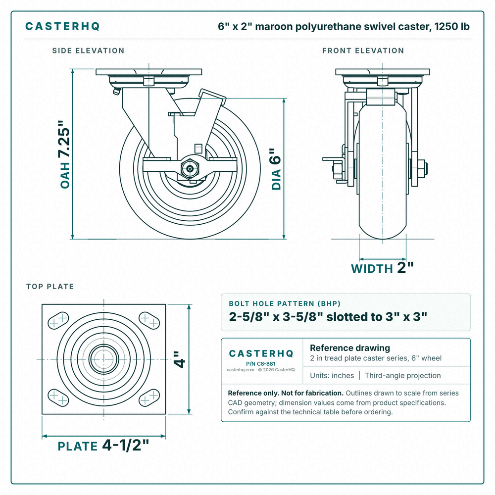 6 x 2 in maroon polyurethane swivel caster reference drawing, side, front and top plate views with dimensions