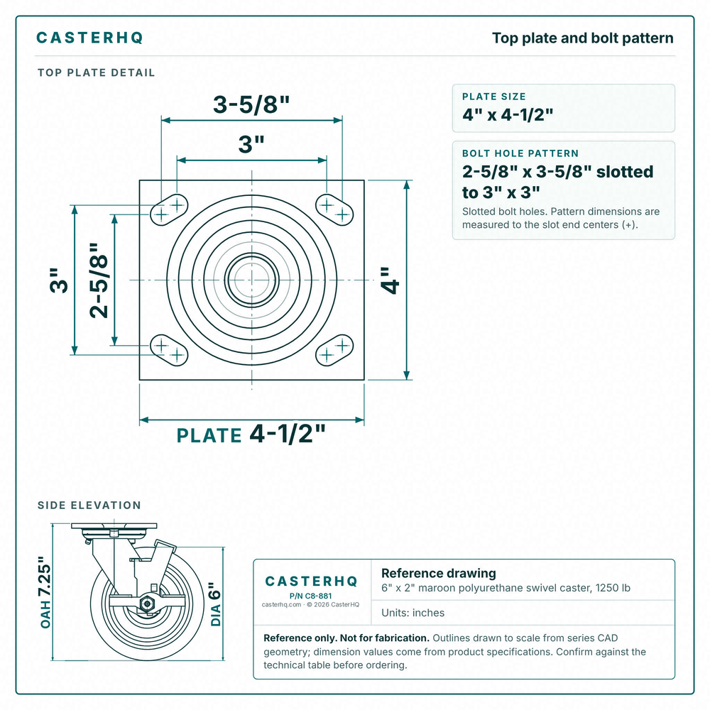 Top plate bolt pattern drawing, ["4\" x 4-1/2\""] plate, slotted bolt holes