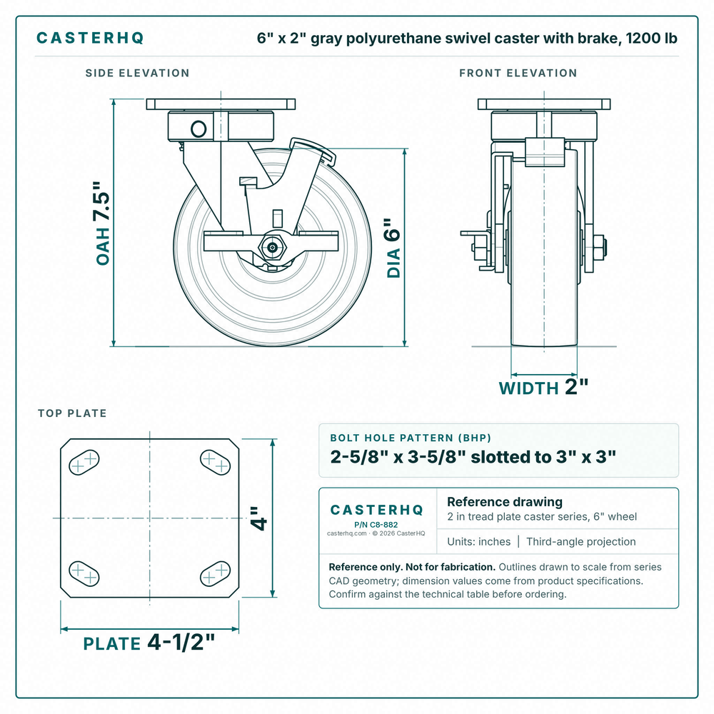 6 x 2 in gray polyurethane swivel caster with brake reference drawing, side, front and top plate views with dimensions