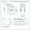 6 x 2 in gray polyurethane swivel caster with brake reference drawing, side, front and top plate views with dimensions