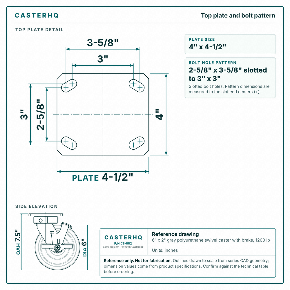 Top plate bolt pattern drawing, ["4\" x 4-1/2\""] plate, slotted bolt holes