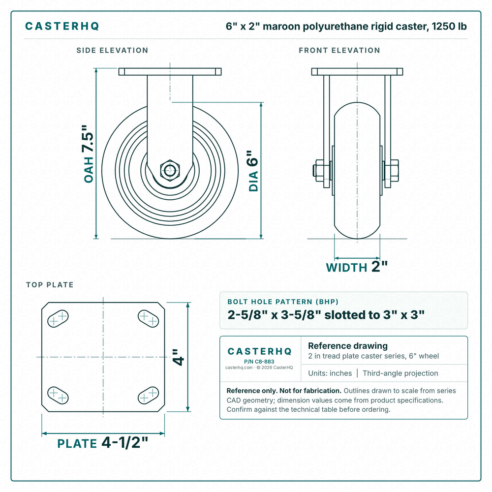 6 x 2 in maroon polyurethane rigid caster reference drawing, side, front and top plate views with dimensions