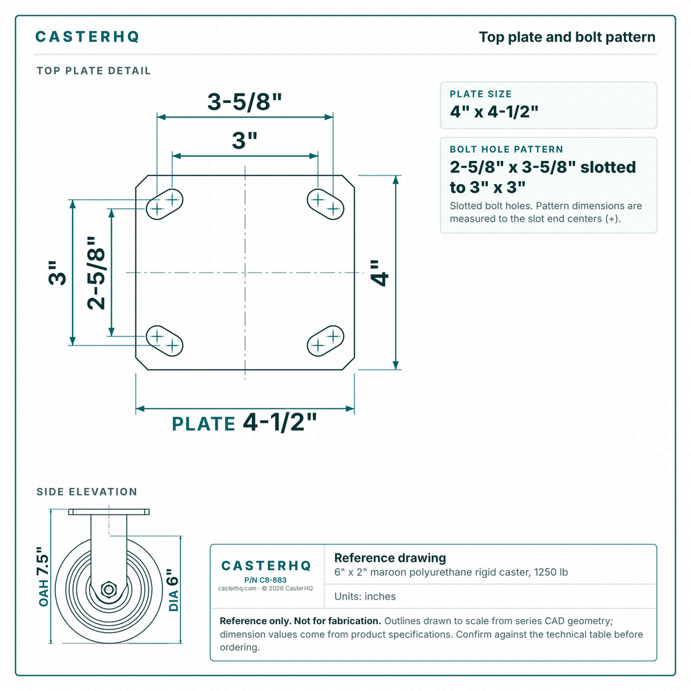 Top plate bolt pattern drawing, ["4\" x 4-1/2\""] plate, slotted bolt holes
