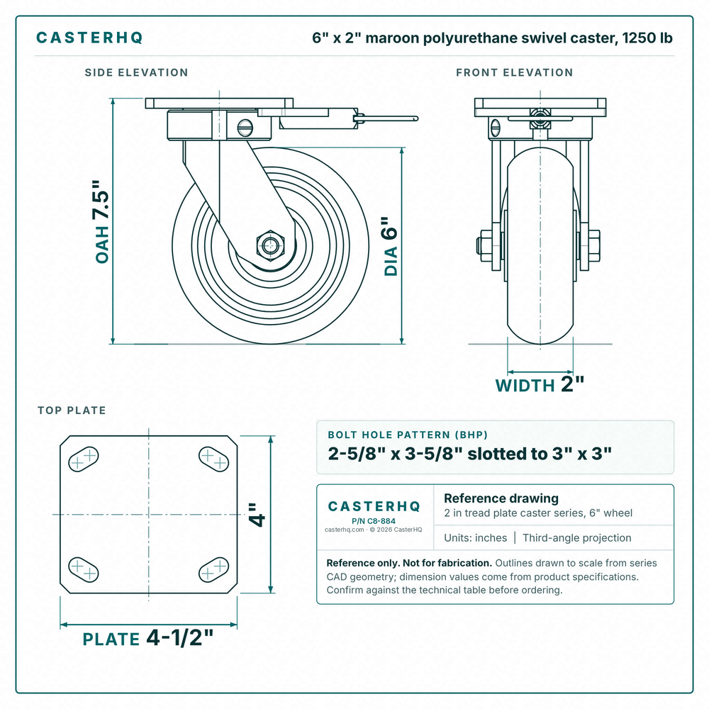 6 x 2 in maroon polyurethane swivel caster reference drawing, side, front and top plate views with dimensions