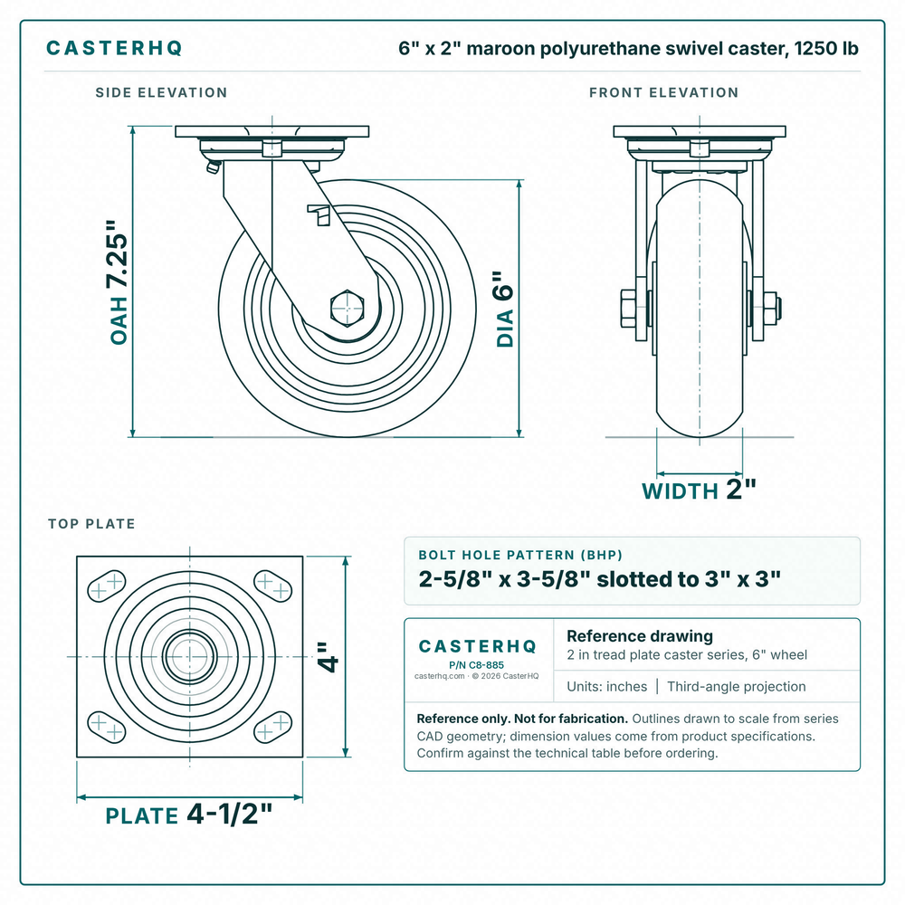 6 x 2 in maroon polyurethane swivel caster reference drawing, side, front and top plate views with dimensions