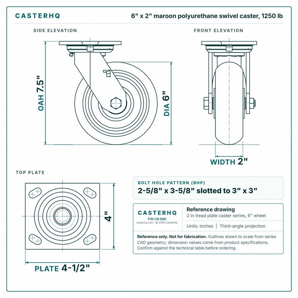 6 x 2 in maroon polyurethane swivel caster reference drawing, side, front and top plate views with dimensions