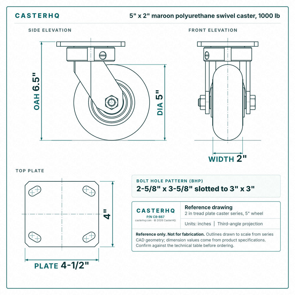 5 x 2 in maroon polyurethane swivel caster reference drawing, side, front and top plate views with dimensions