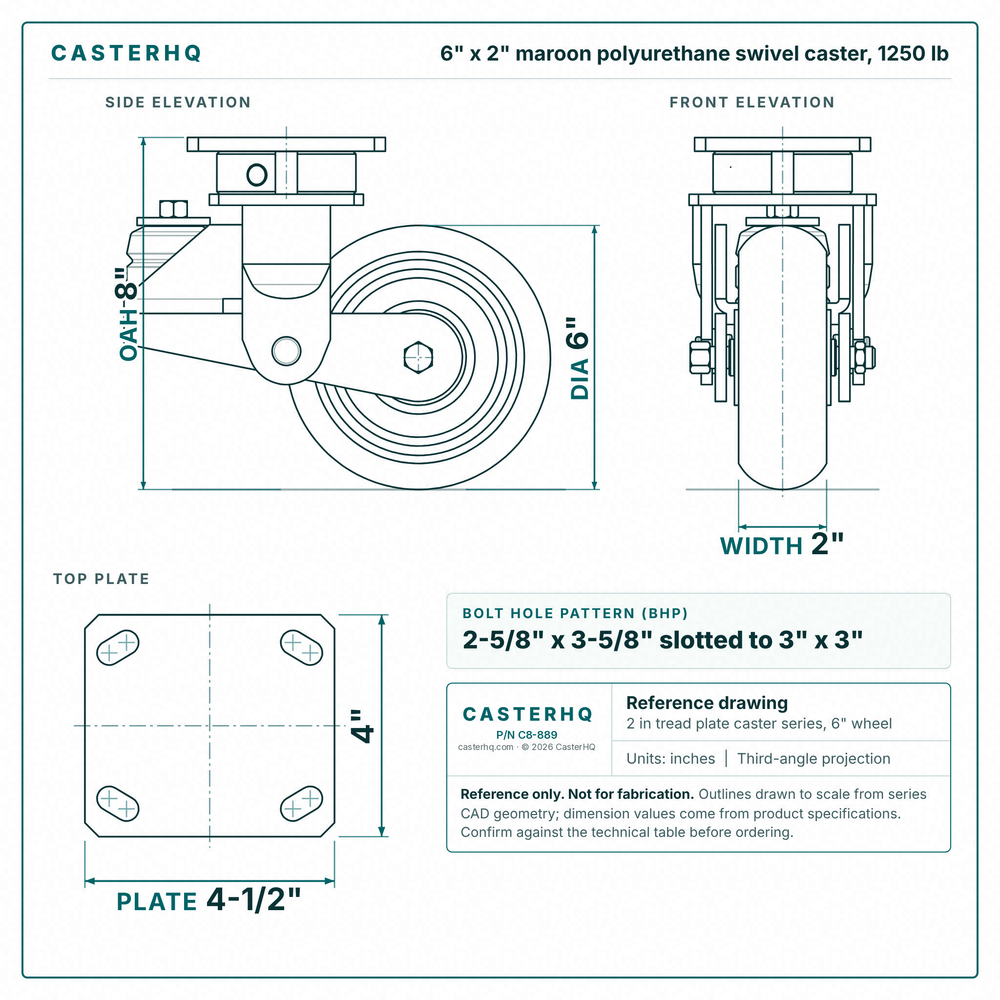 6 x 2 in maroon polyurethane swivel caster reference drawing, side, front and top plate views with dimensions