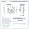 6 x 2 in gray rubber swivel caster with top lock brake reference drawing, side, front and top plate views with dimensions