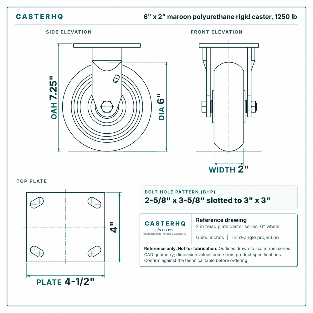 6 x 2 in maroon polyurethane rigid caster reference drawing, side, front and top plate views with dimensions
