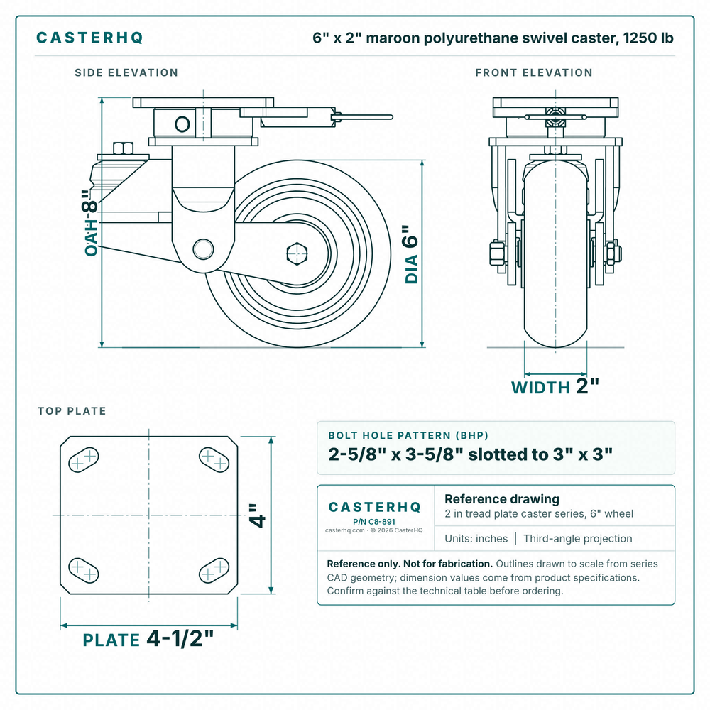 6 x 2 in maroon polyurethane swivel caster reference drawing, side, front and top plate views with dimensions