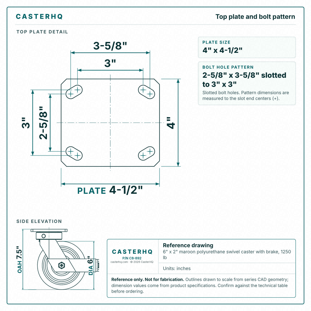 Top plate bolt pattern drawing, ["4\" x 4-1/2\""] plate, slotted bolt holes