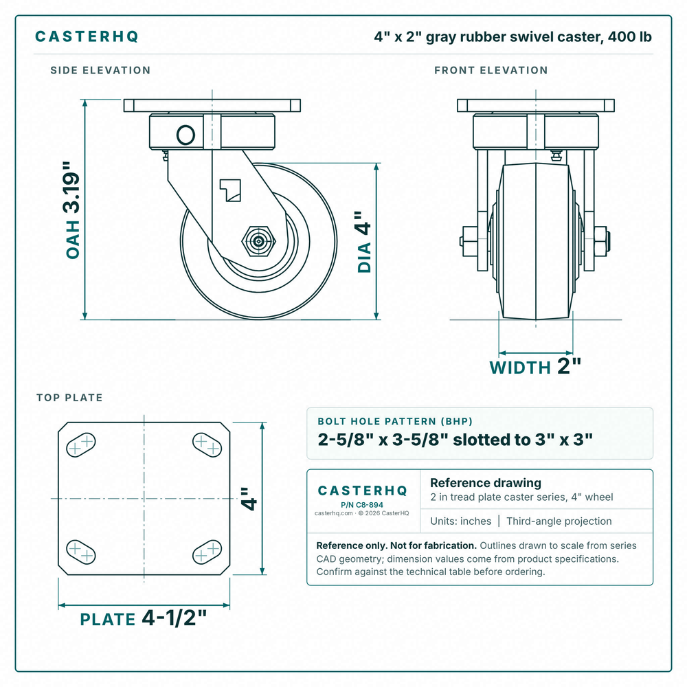 4 x 2 in gray rubber swivel caster reference drawing, side, front and top plate views with dimensions
