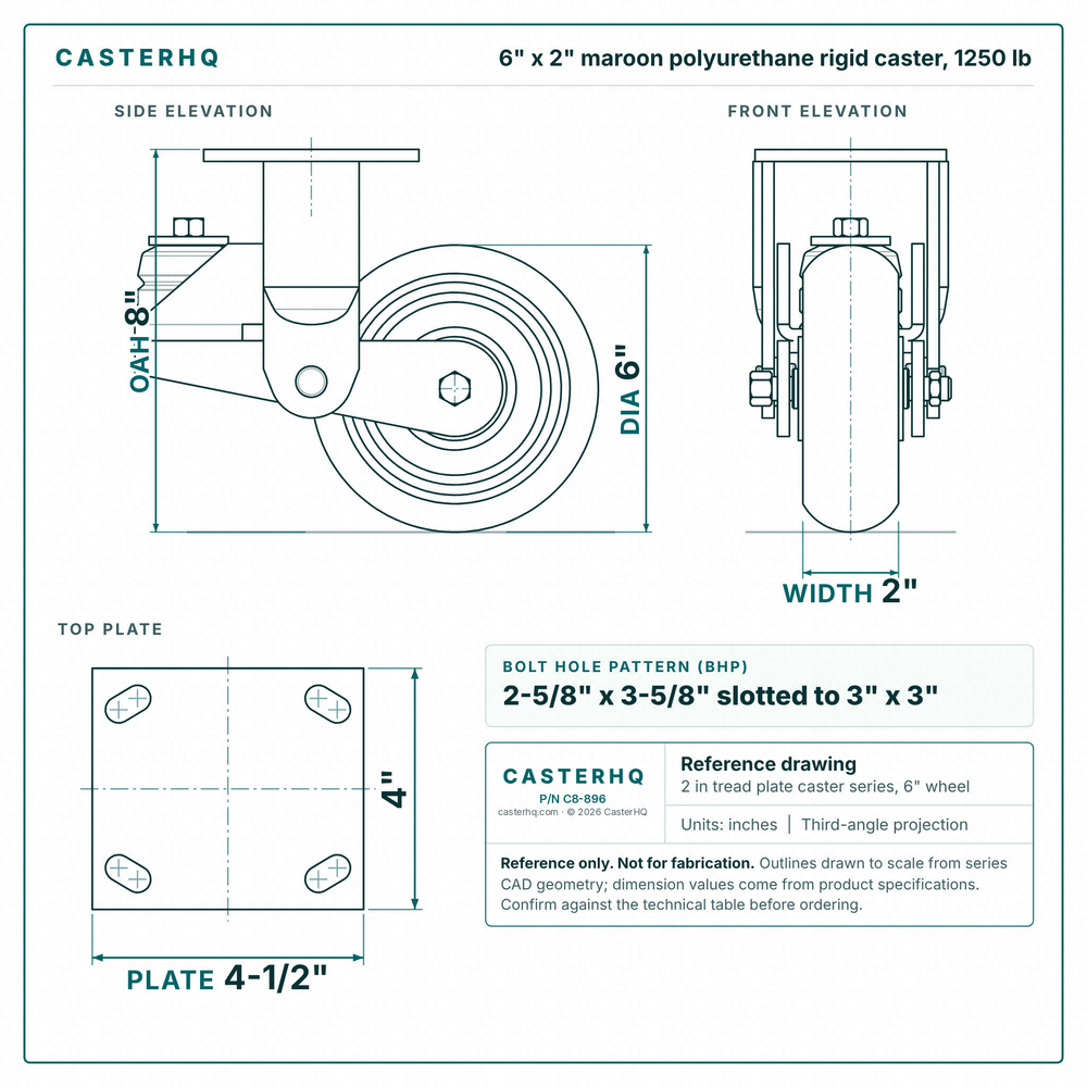 6 x 2 in maroon polyurethane rigid caster reference drawing, side, front and top plate views with dimensions