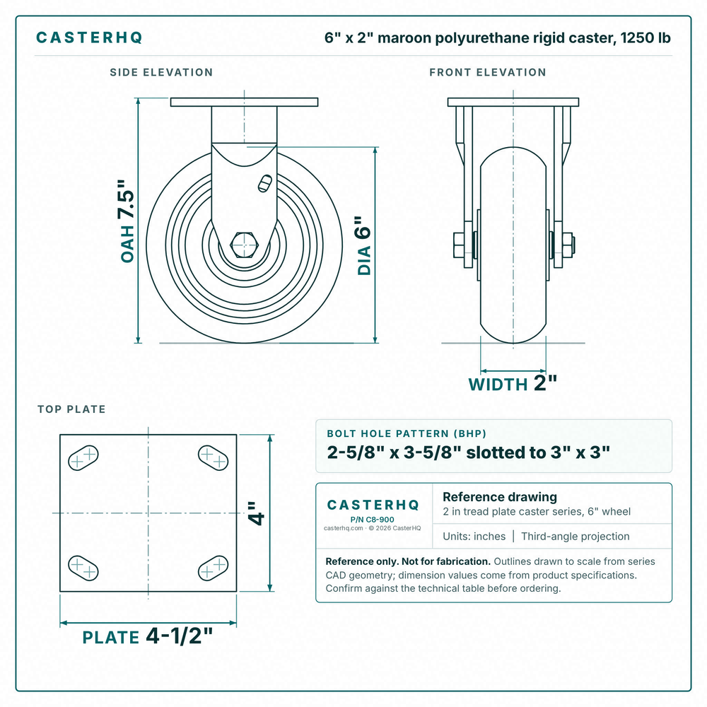 6 x 2 in maroon polyurethane rigid caster reference drawing, side, front and top plate views with dimensions