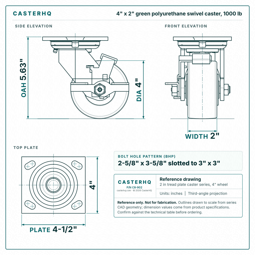 4 x 2 in green polyurethane swivel caster reference drawing, side, front and top plate views with dimensions