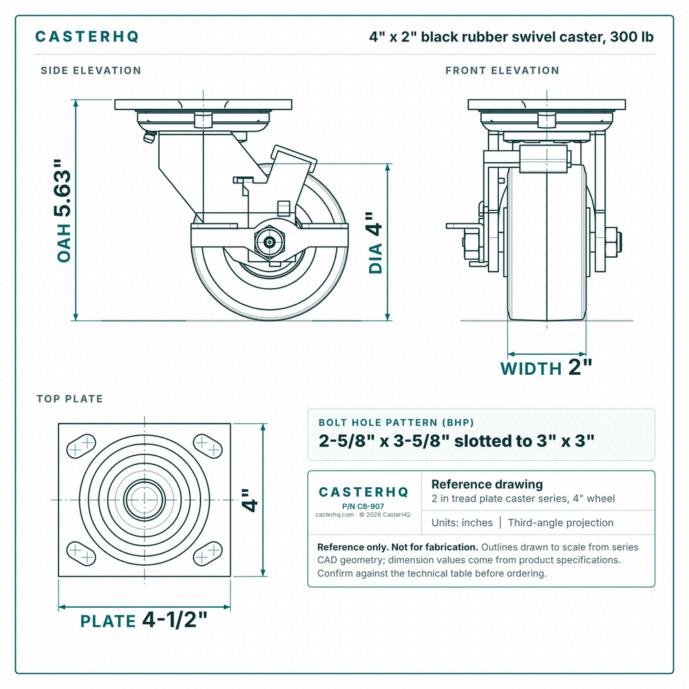 4 x 2 in black rubber swivel caster reference drawing, side, front and top plate views with dimensions