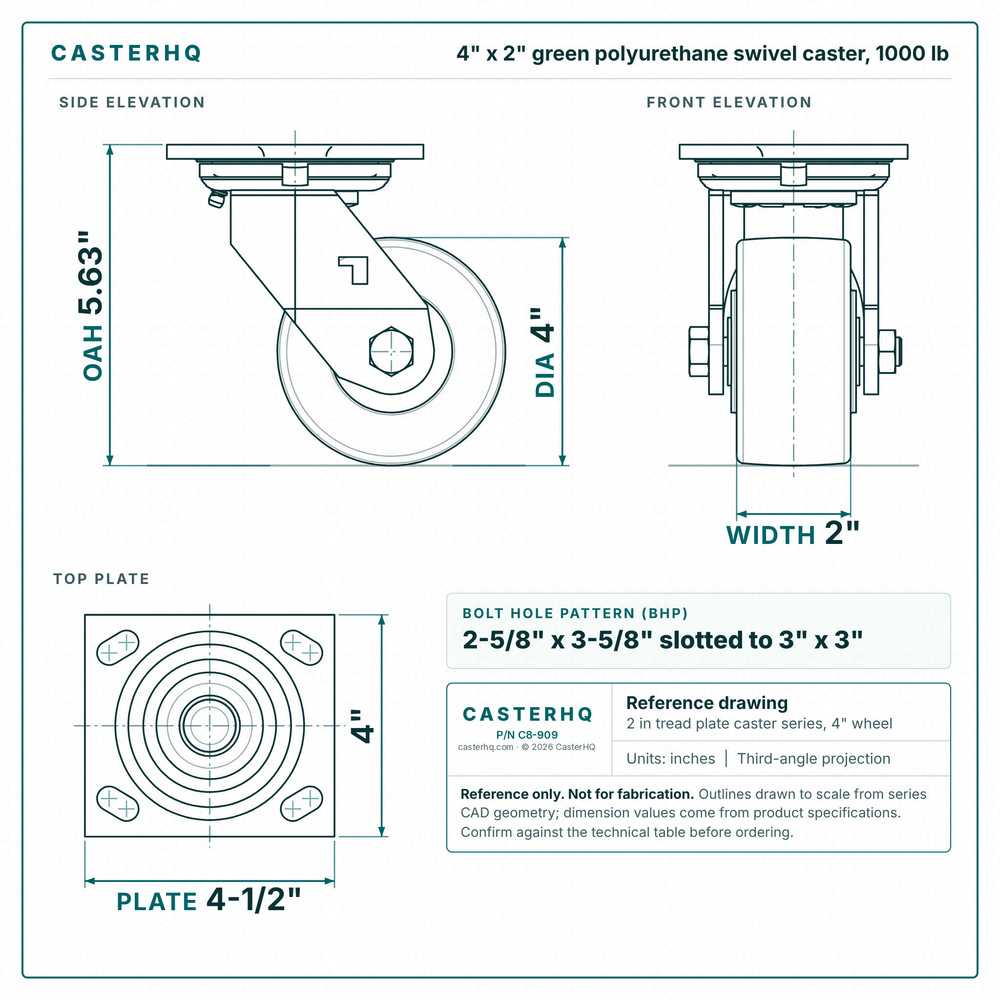 4 x 2 in green polyurethane swivel caster reference drawing, side, front and top plate views with dimensions