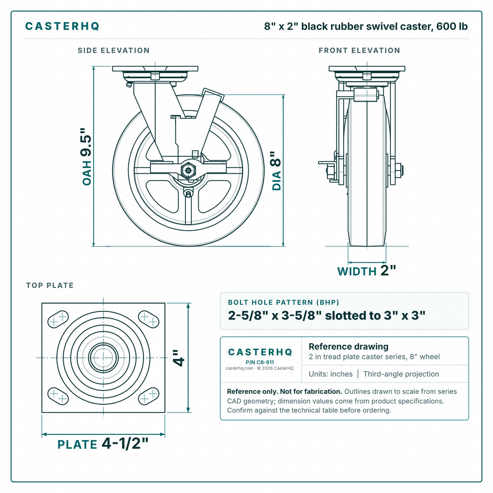 8 x 2 in black rubber swivel caster reference drawing, side, front and top plate views with dimensions