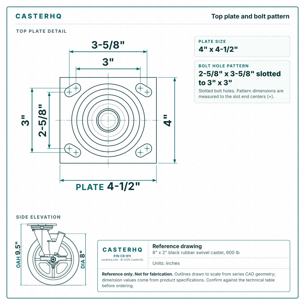 Top plate bolt pattern drawing, ["4\" x 4-1/2\""] plate, slotted bolt holes