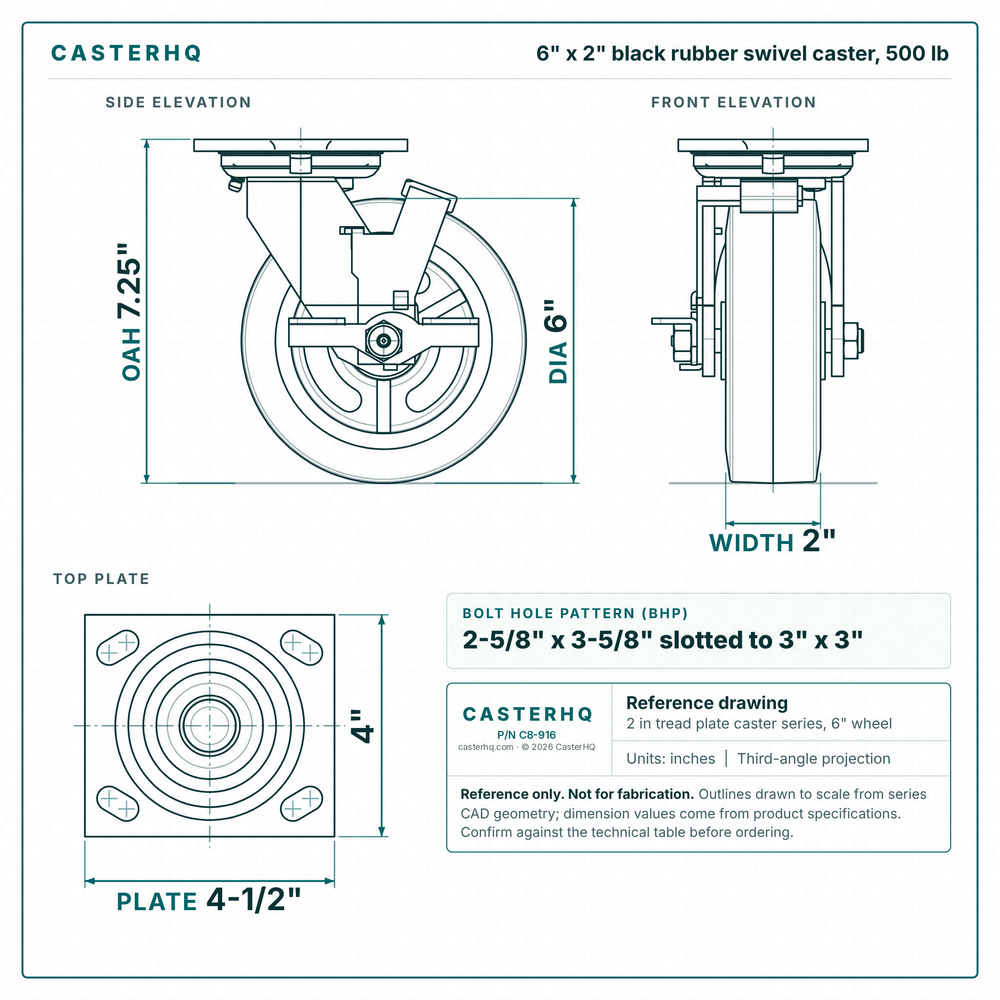 6 x 2 in black rubber swivel caster reference drawing, side, front and top plate views with dimensions