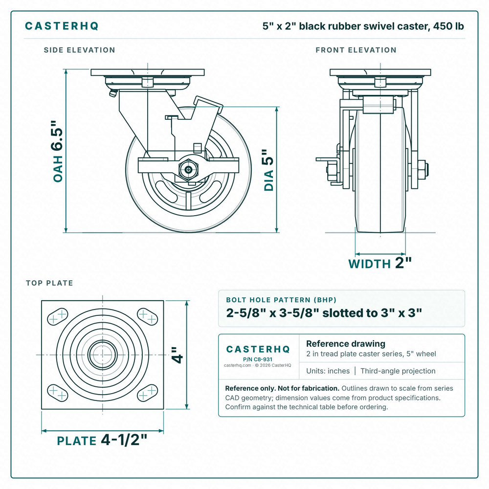 5 x 2 in black rubber swivel caster reference drawing, side, front and top plate views with dimensions