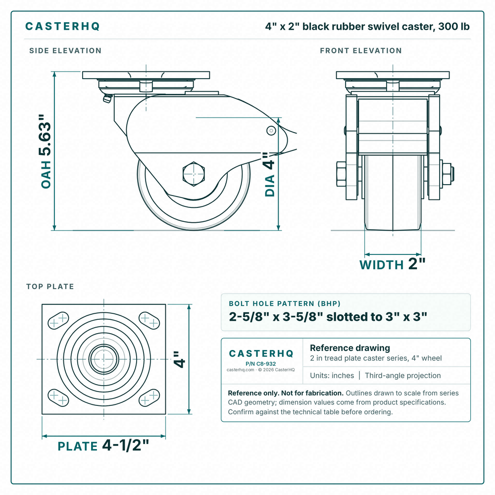 4 x 2 in black rubber swivel caster reference drawing, side, front and top plate views with dimensions