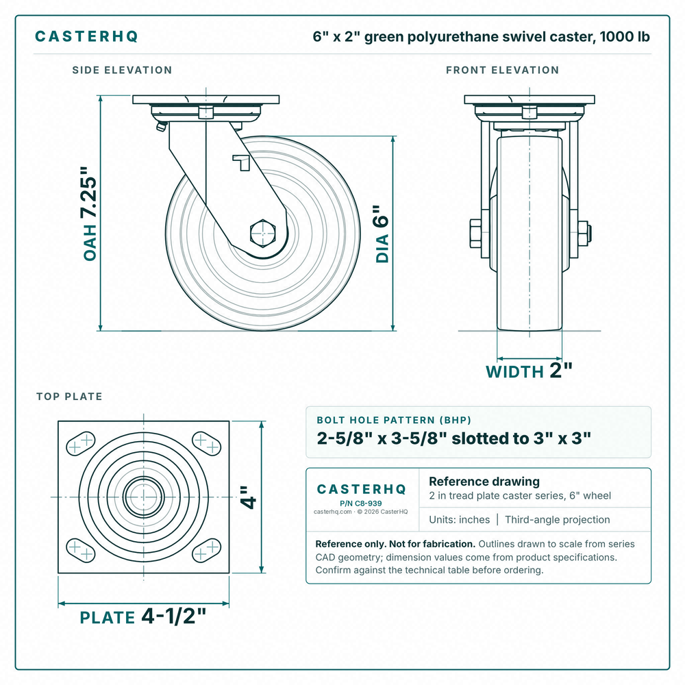 6 x 2 in green polyurethane swivel caster reference drawing, side, front and top plate views with dimensions