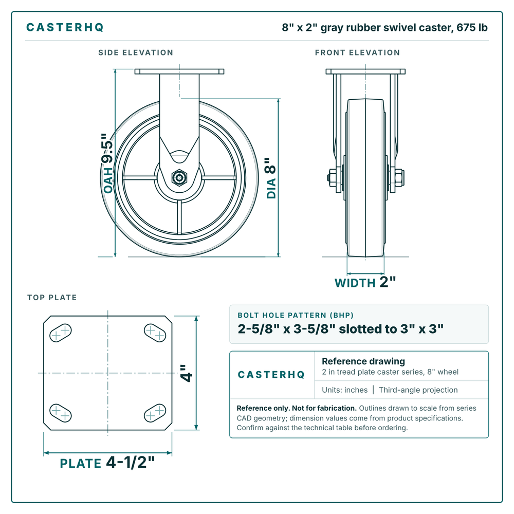 8 x 2 in gray rubber swivel caster reference drawing, side, front and top plate views with dimensions