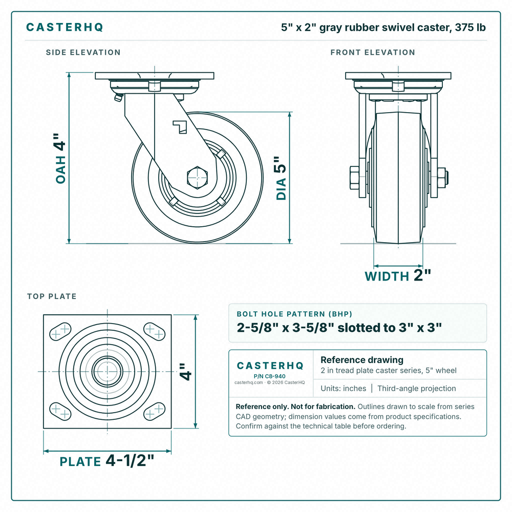 5 x 2 in gray rubber swivel caster reference drawing, side, front and top plate views with dimensions