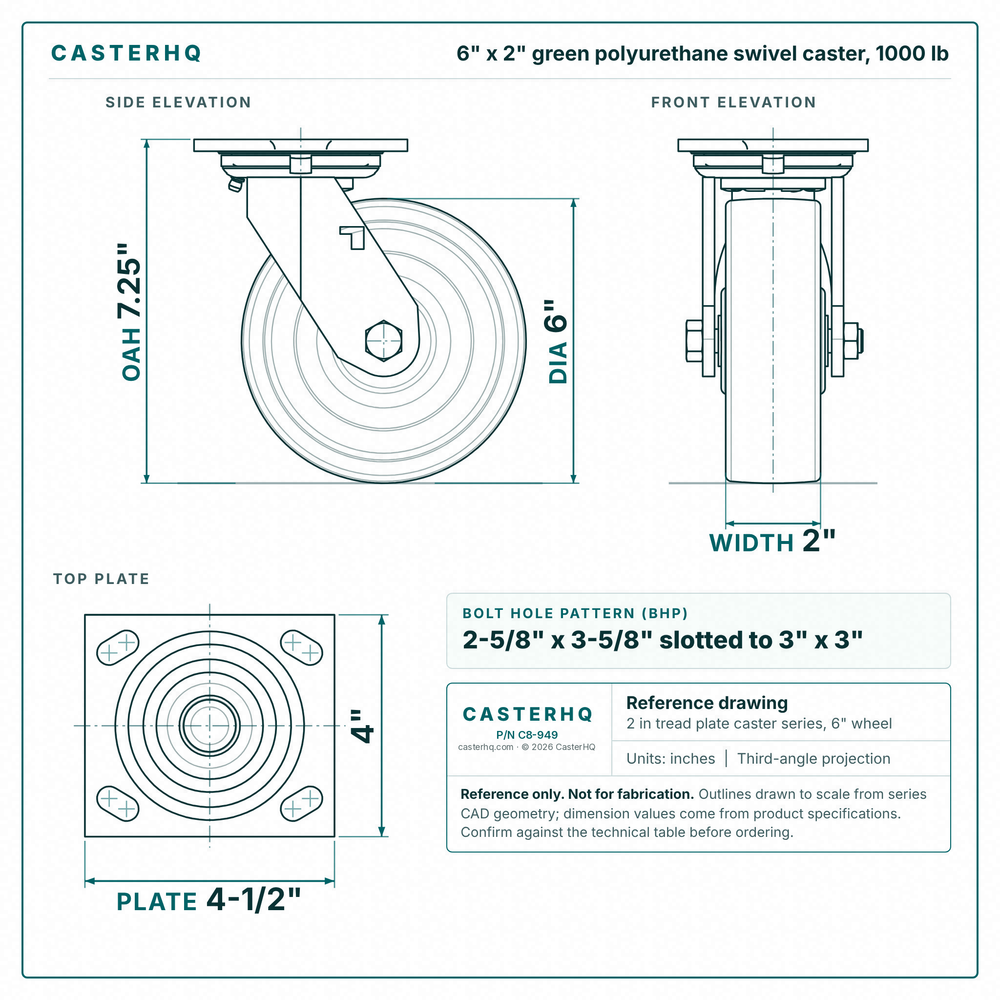 6 x 2 in green polyurethane swivel caster reference drawing, side, front and top plate views with dimensions