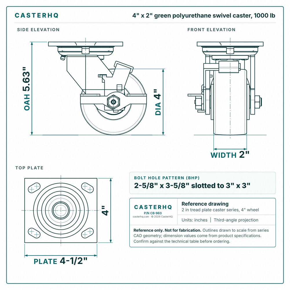 4 x 2 in green polyurethane swivel caster reference drawing, side, front and top plate views with dimensions