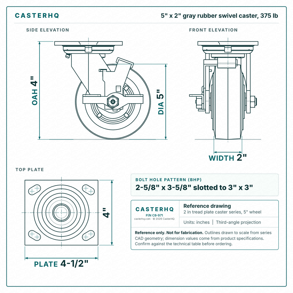 5 x 2 in gray rubber swivel caster reference drawing, side, front and top plate views with dimensions