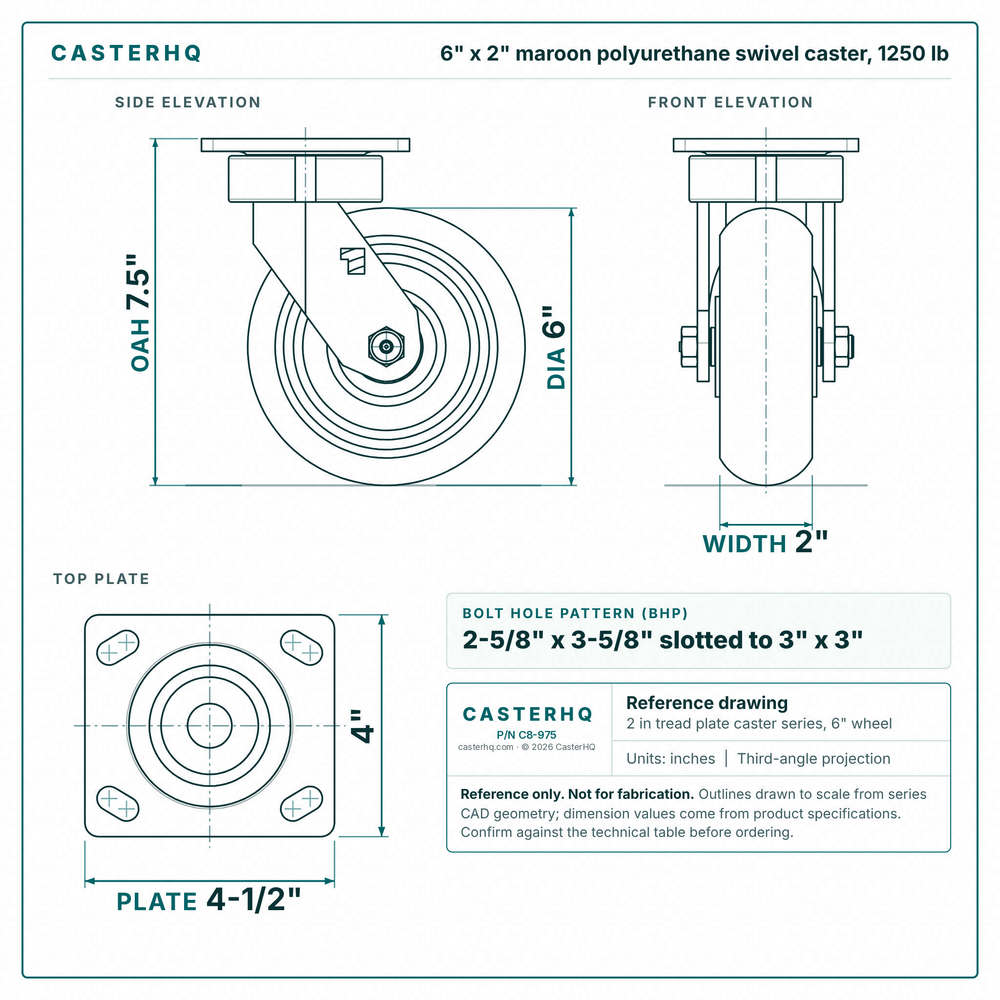 6 x 2 in maroon polyurethane swivel caster reference drawing, side, front and top plate views with dimensions