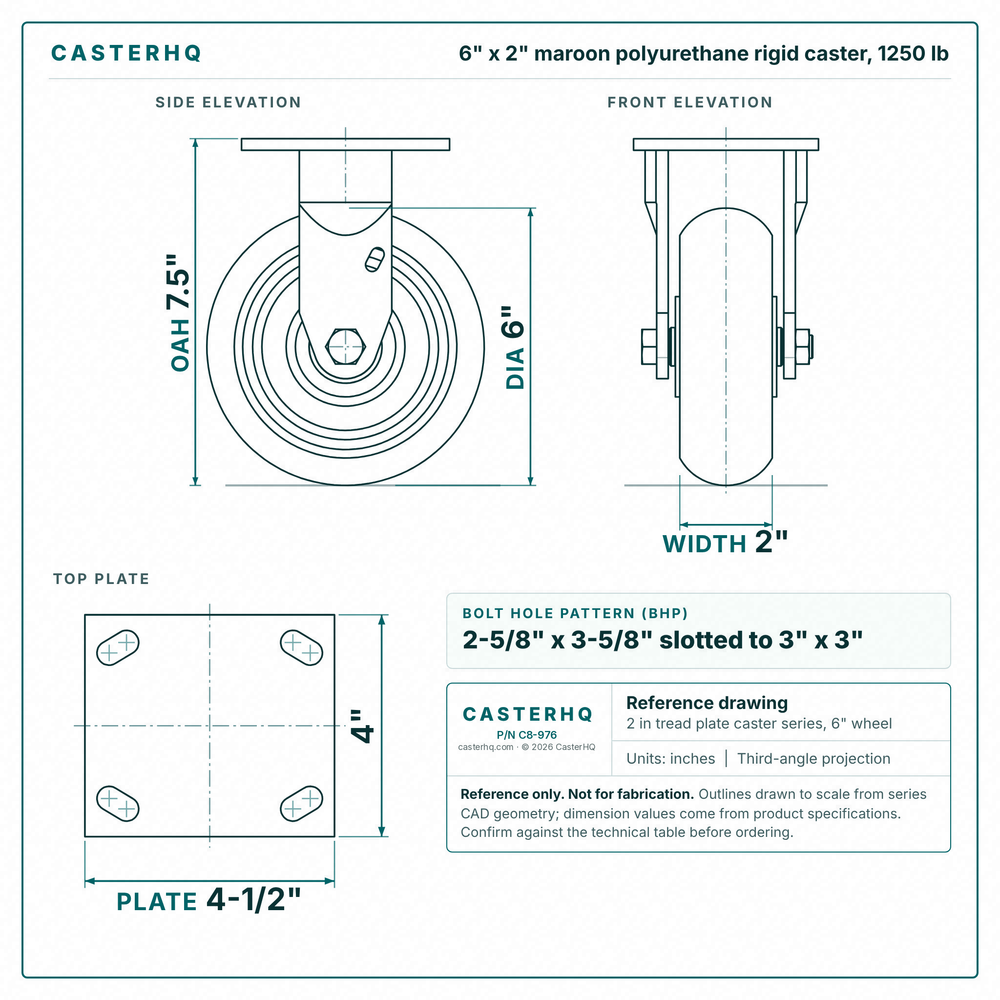 6 x 2 in maroon polyurethane rigid caster reference drawing, side, front and top plate views with dimensions