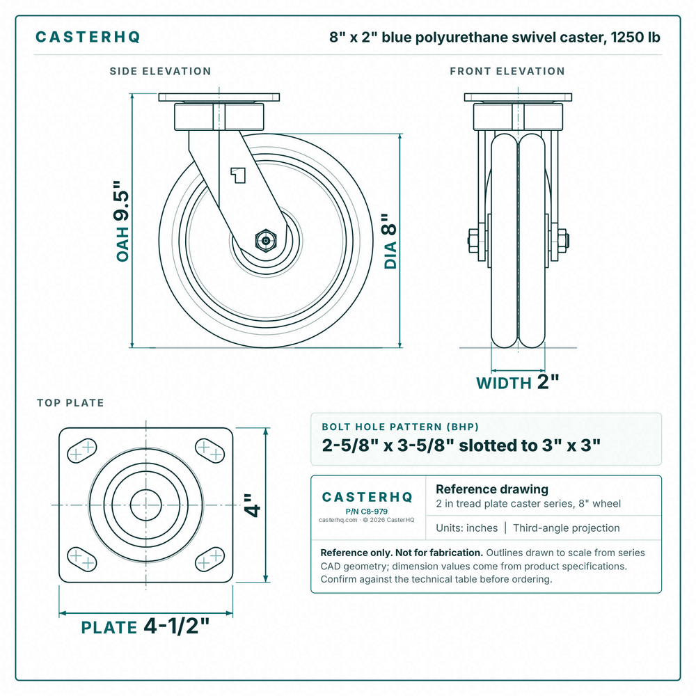 8 x 2 in blue polyurethane swivel caster reference drawing, side, front and top plate views with dimensions
