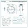 8 x 2 in gray rubber swivel caster with total lock brake reference drawing, side, front and top plate views with dimensions