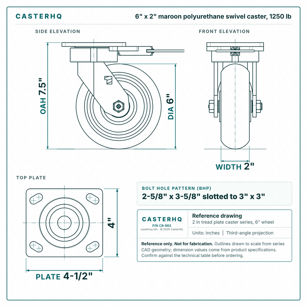 6 x 2 in maroon polyurethane swivel caster reference drawing, side, front and top plate views with dimensions