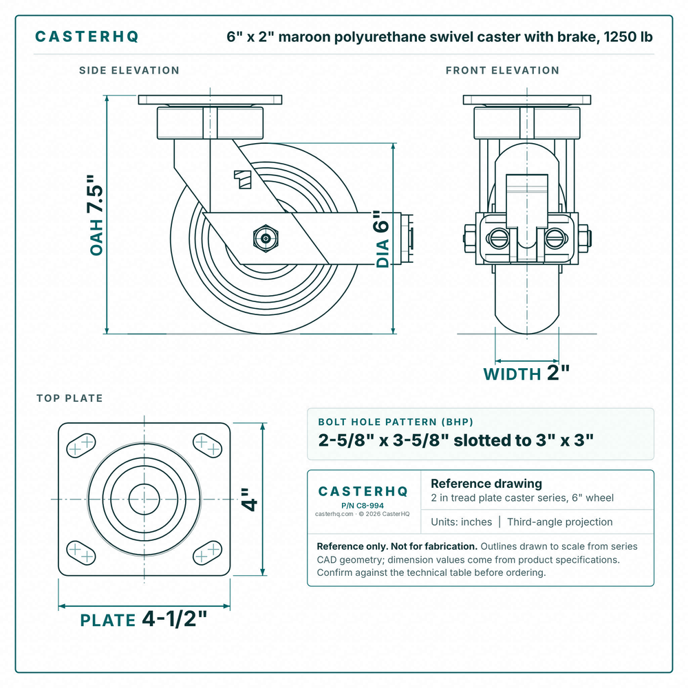 6 x 2 in maroon polyurethane swivel caster with brake reference drawing, side, front and top plate views with dimensions