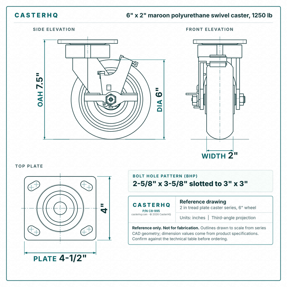 6 x 2 in maroon polyurethane swivel caster reference drawing, side, front and top plate views with dimensions