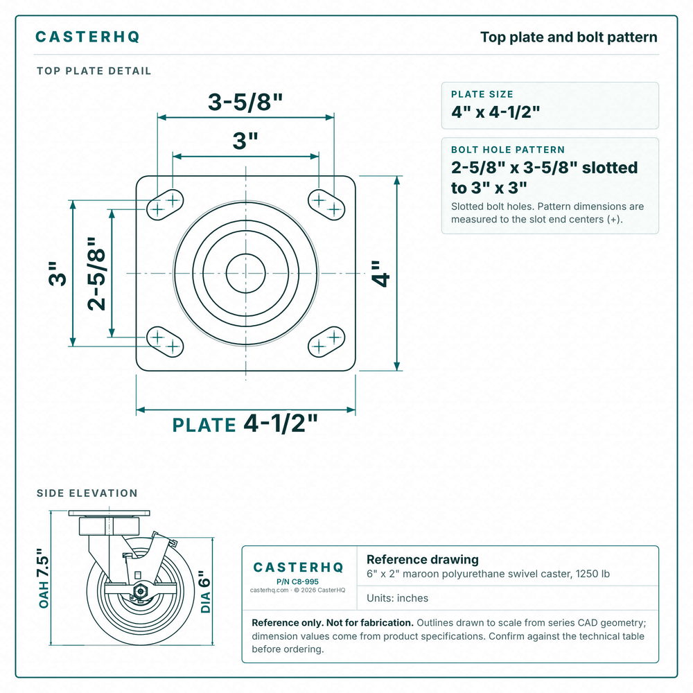 Top plate bolt pattern drawing, ["4\" x 4-1/2\""] plate, slotted bolt holes