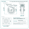 6 x 2 in gray rubber swivel caster with total lock brake reference drawing, side, front and top plate views with dimensions