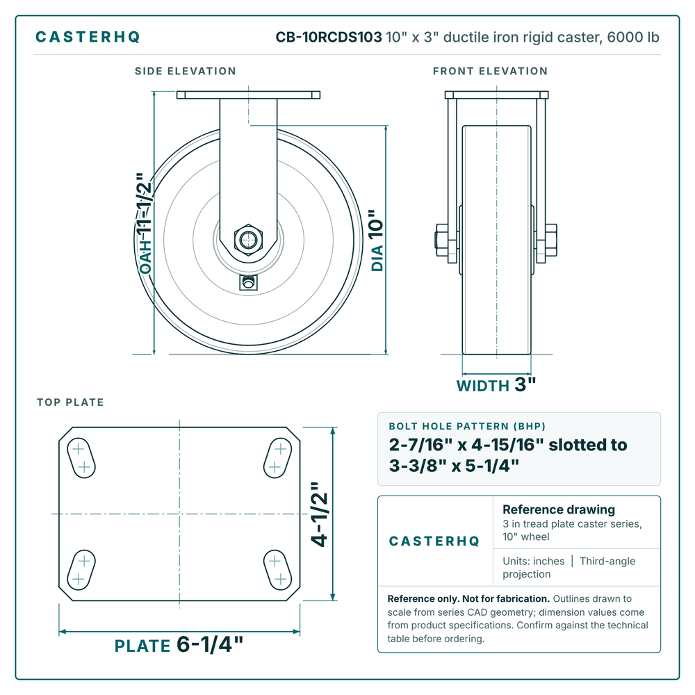 CB-10RCDS103 10 x 3 in ductile iron rigid caster reference drawing, side, front and top plate views with dimensions
