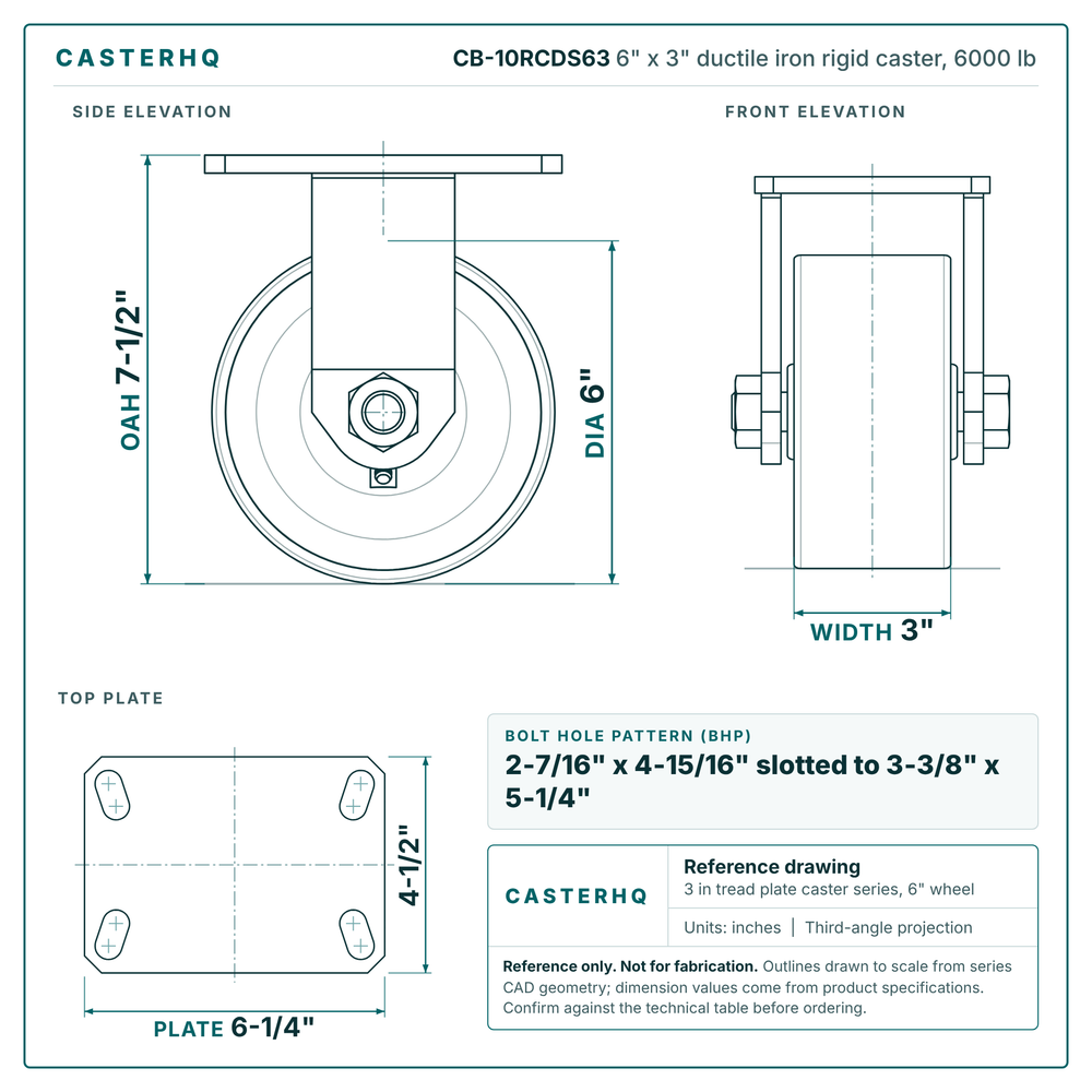 CB-10RCDS63 6 x 3 in ductile iron rigid caster reference drawing, side, front and top plate views with dimensions